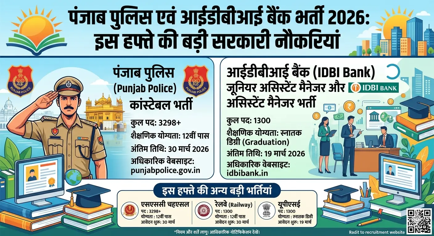Punjab Police & IDBI Bank Recruitment 2026: इस हफ्ते निकली 4000+ सरकारी नौकरियां, जल्दी करें आवेदन