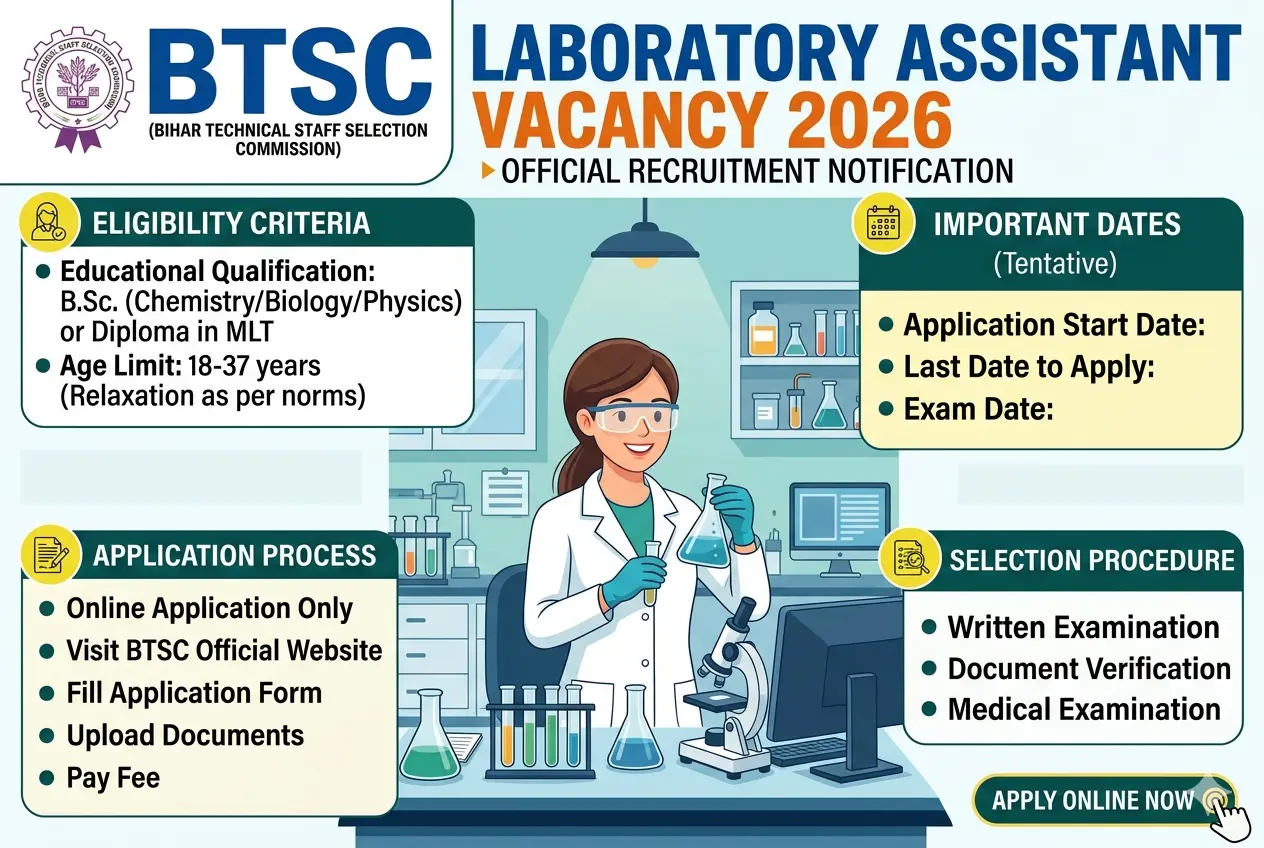 BTSC Laboratory Assistant Vacancy 2026: 1000+ पद, 80 हजार तक सैलरी और आसान आवेदन प्रक्रिया