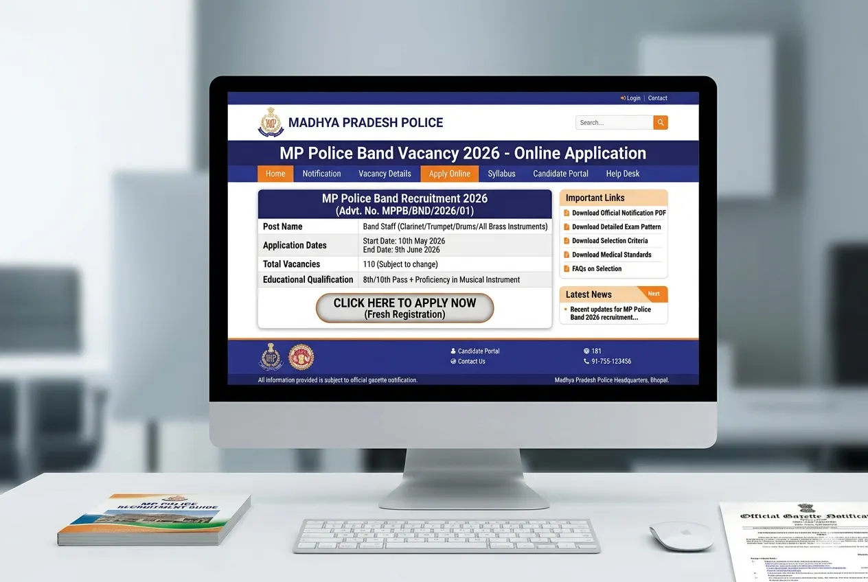 MP Police Band Vacancy 2026: अगर आप में है हुनर, तो पुलिस में नौकरी का ये मौका हाथ से न जाने देंMP Police Band Vacancy 2026: अगर आप में है हुनर, तो पुलिस में नौकरी का ये मौका हाथ से न जाने दें